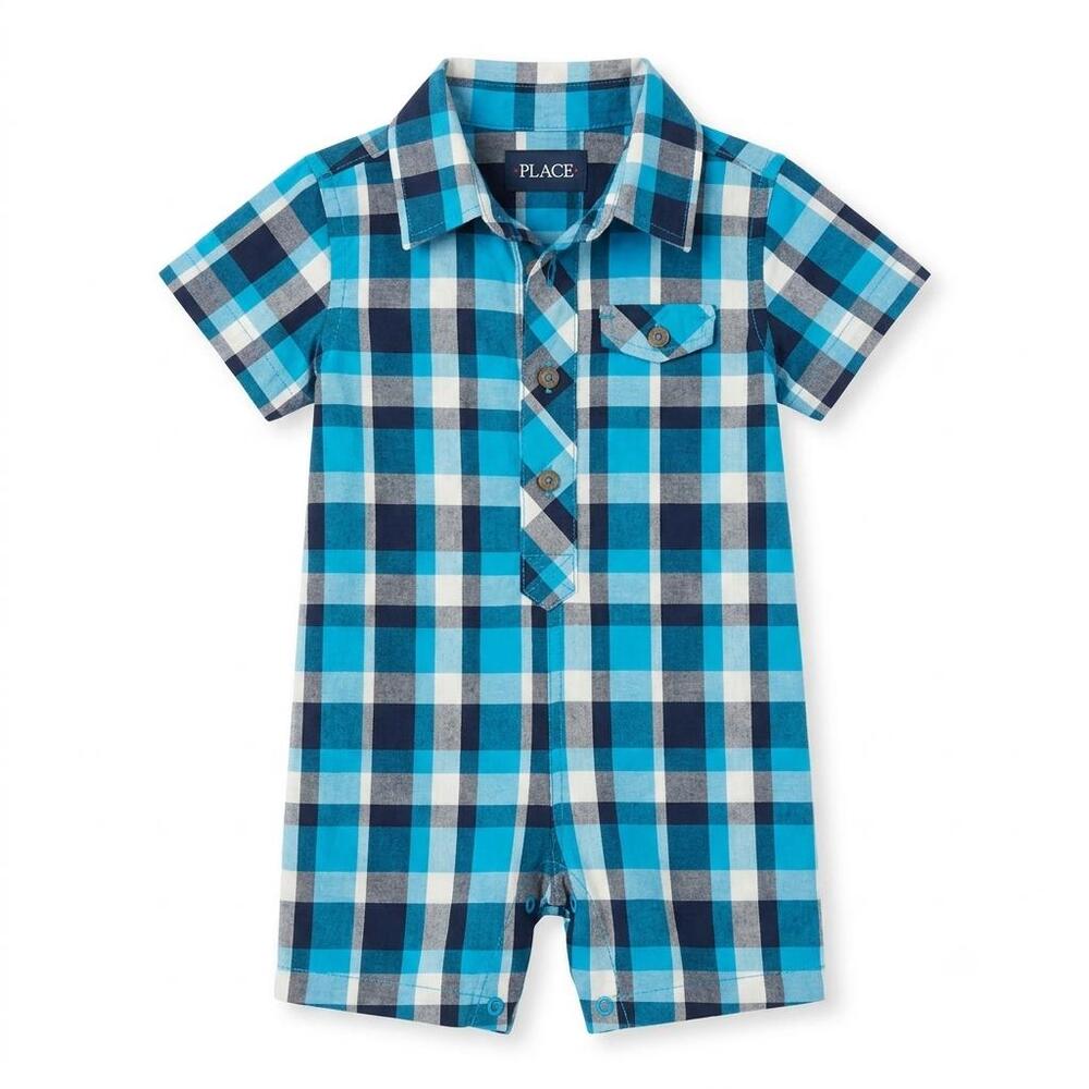 The Children’s Place Baby Boys Blue Plaid Short-Sleeve Romper